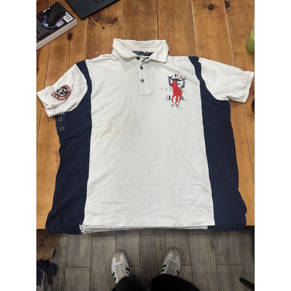 Polo Ralph Lauren Men's XXL Custom Fit Big Pony Colorblock Polo Shirt White Blue